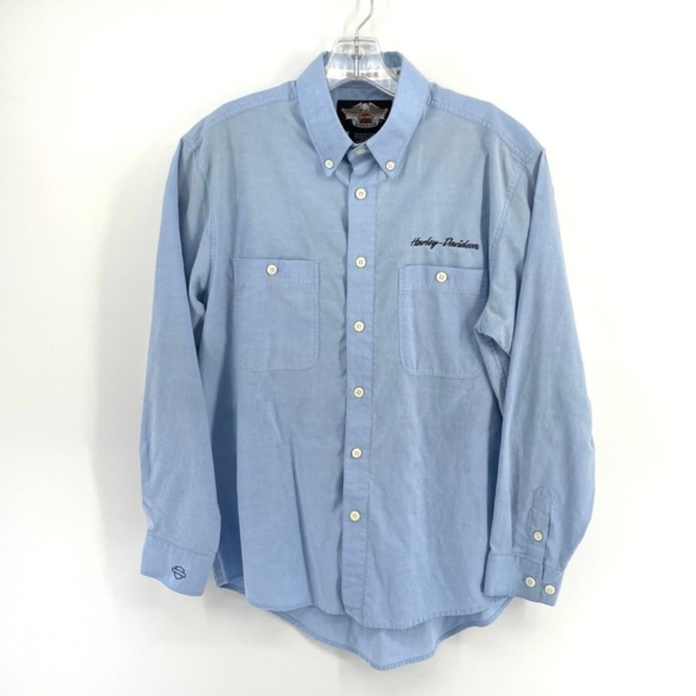 Harley Davidson Oxford Button Down Shirt Mens‎ Medium Blue Embroidered Logo FLAW